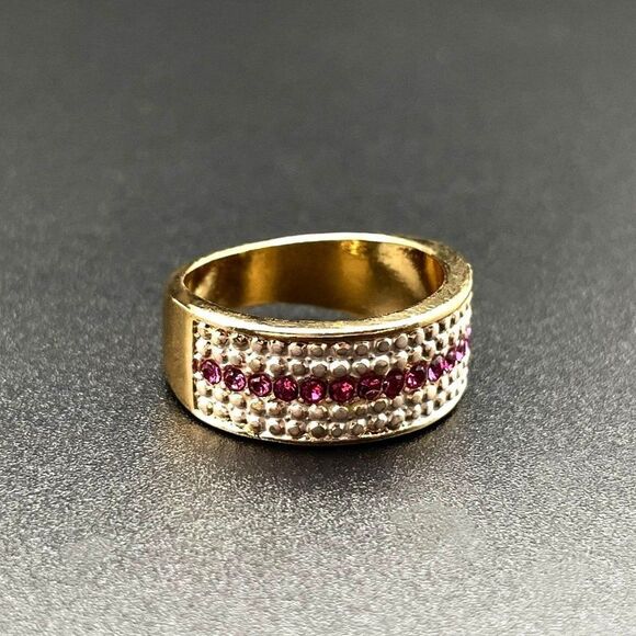 Yellow Gold with Pink Sapphire Crystal Milgrain Band Ring Size 11 - Picture 6 of 9